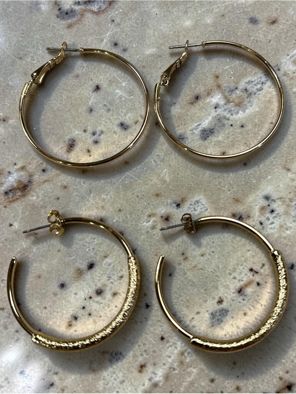 Gold Hoop Earrings - Textured and Smooth Pair. Two sets